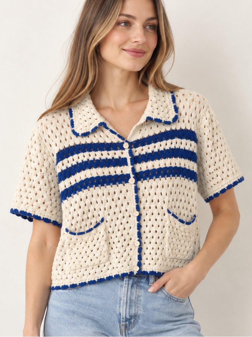 Peach Cream Blue Striped Crochet Short Sleeve Cardigan M